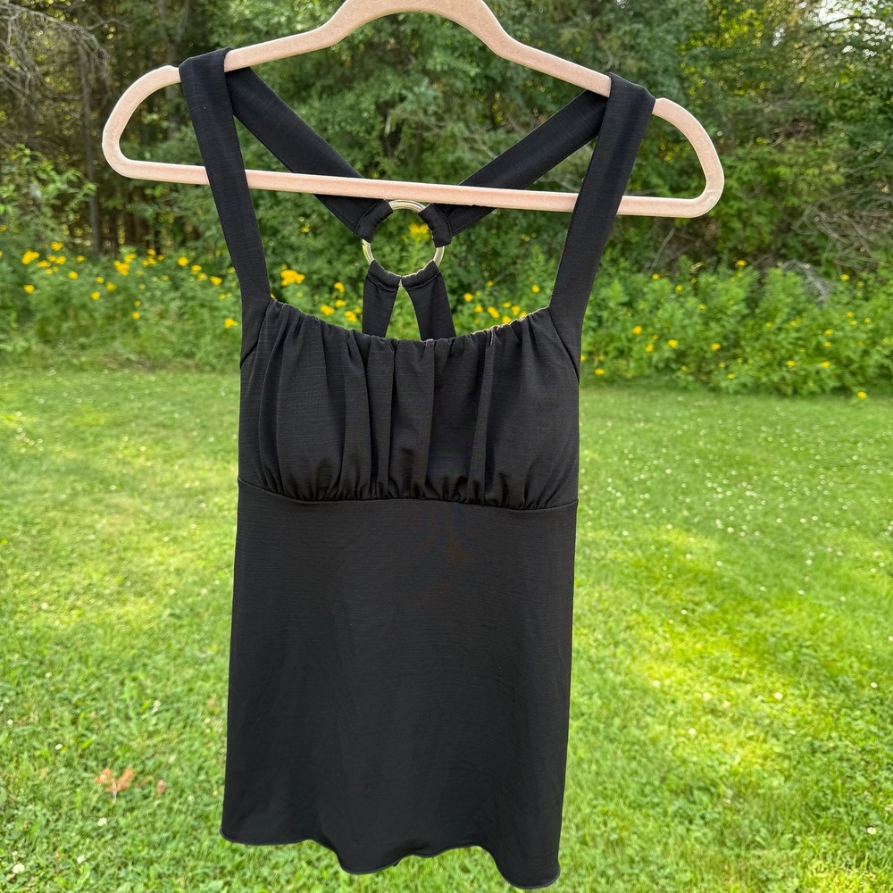 Y2K BCX Tank Top Size M Black Ruched O-Ring Strappy Back Empire Waist Sleeveless
